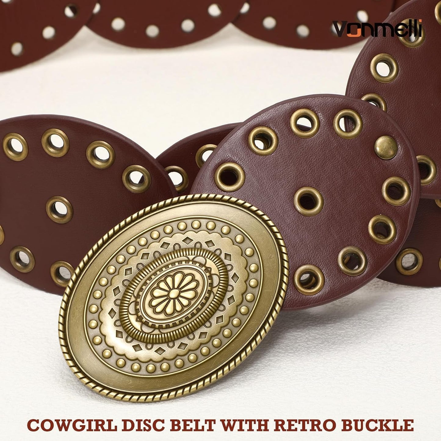 HOTVONMELLI Women Western Disc Belt Cowgirl Concho Leather Belts for Dress Wide Boho Waist Belt for Concert Outfits