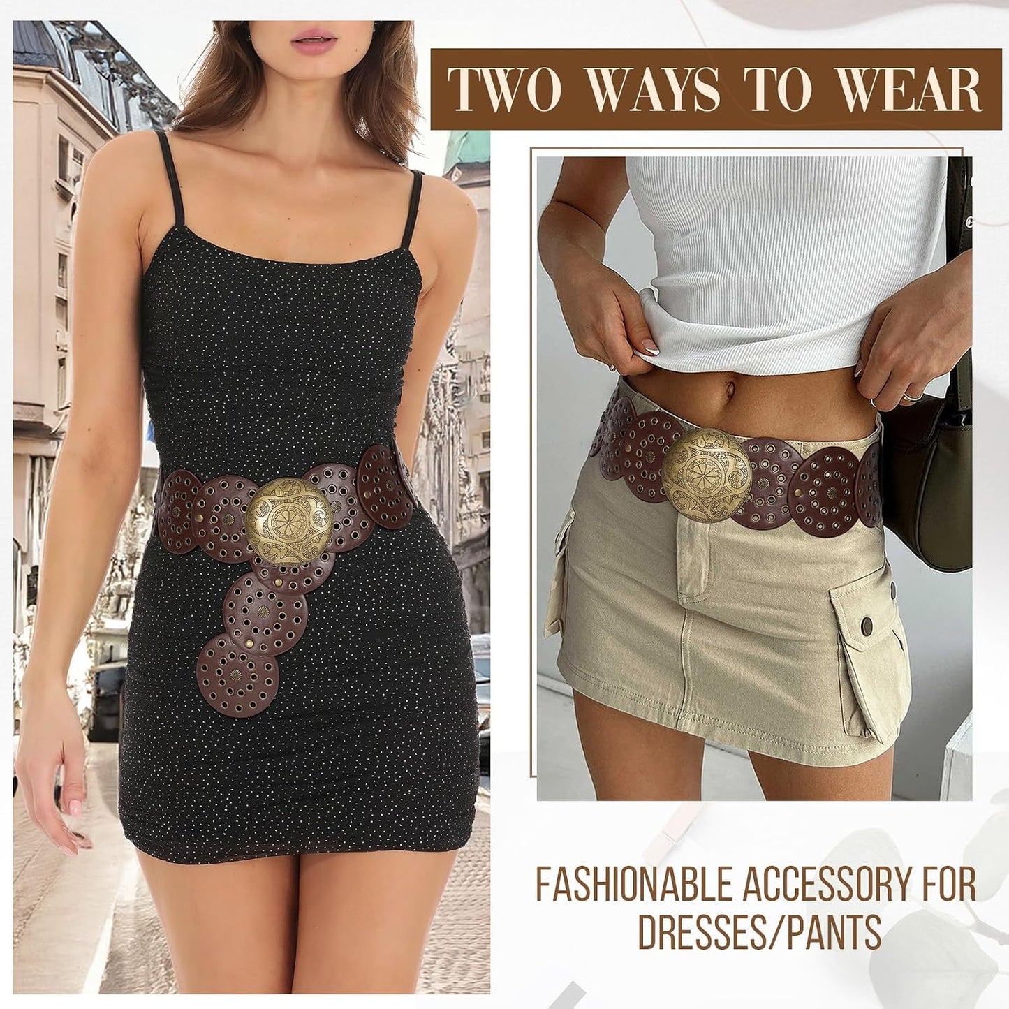 HOTJASGOOD Western Belts for Women Wide Hollow Disc Leather Belt Cowgirl Waist Belt for Jeans Dresses with Metal Buckle