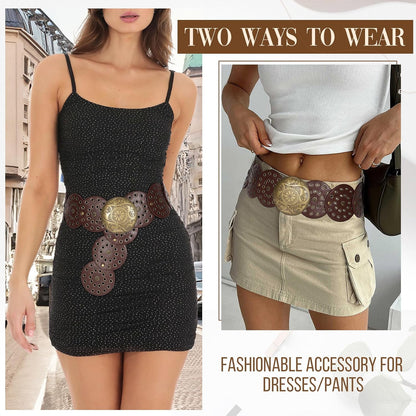 HOTJASGOOD Western Belts for Women Wide Hollow Disc Leather Belt Cowgirl Waist Belt for Jeans Dresses with Metal Buckle