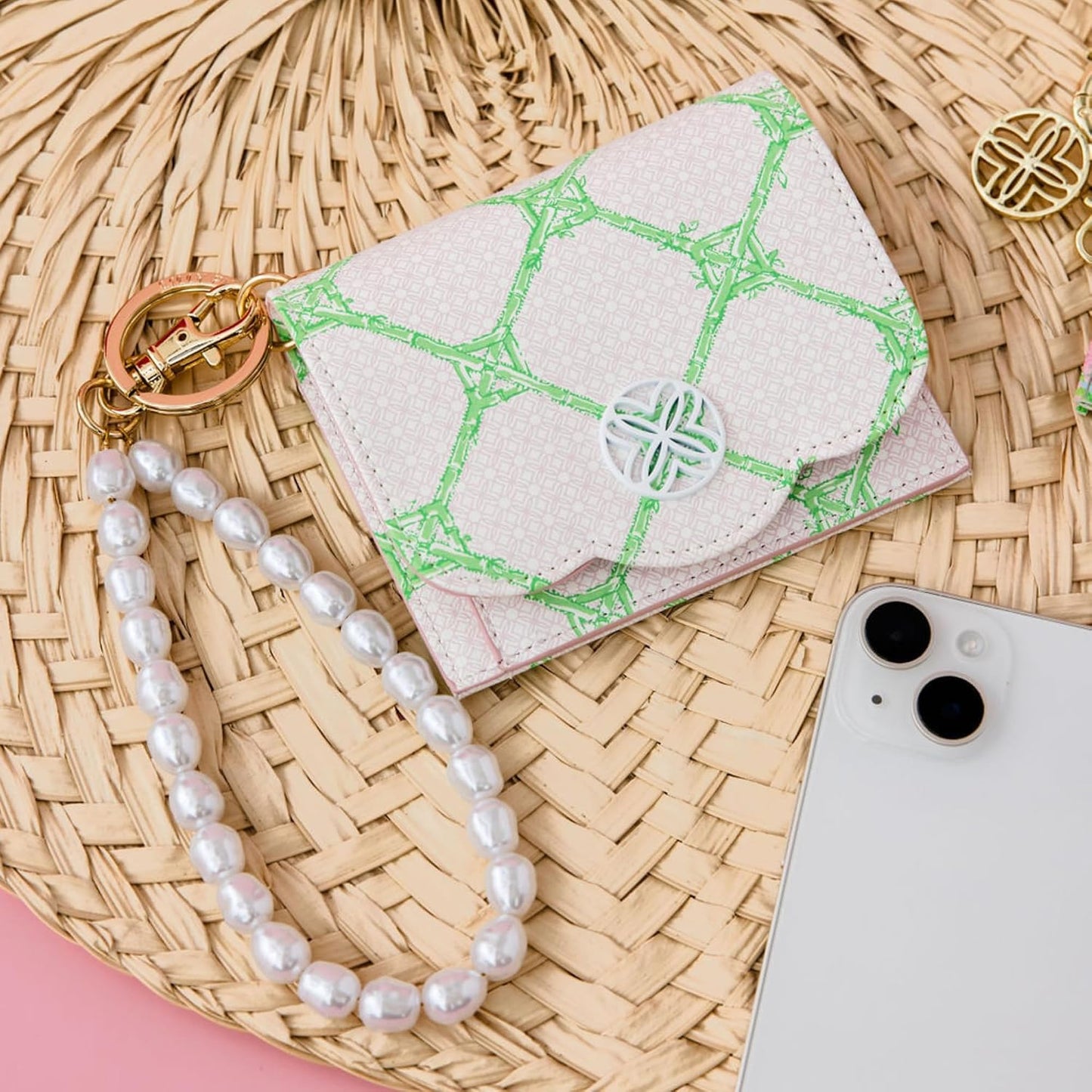 HOTLilly Pulitzer Snap ID Card Case, Cute Keychain Wallet, Slim Credit Card Holder with Pearl Wristlet Strap, Butterfly Trellis