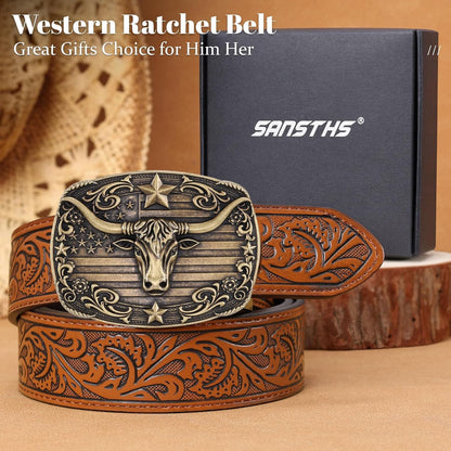 HOTSANSTHS Western Cowboy Ratchet Belts for Men Women Leather Cowboy Belt with Automatic Western Buckle for Jeans Gifts