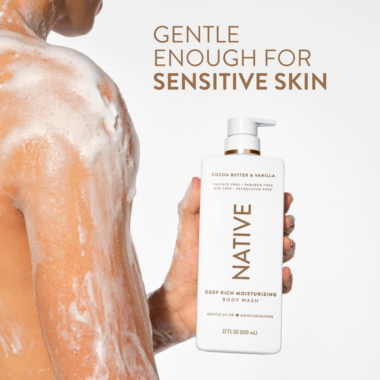 HOTNative Moisturizing Body Wash, Clean & Gentle 24-Hour Hydration with Shea Butter, for Sensitive and Dry Skin, for Women & Men, Sulfate-free, Paraben-free, Cocoa Butter & Vanilla, 22 fl oz
