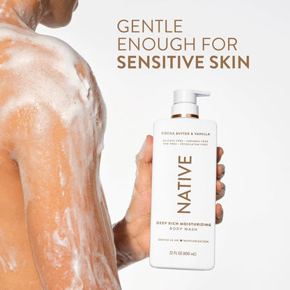 HOTNative Moisturizing Body Wash, Clean & Gentle 24-Hour Hydration with Shea Butter, for Sensitive and Dry Skin, for Women & Men, Sulfate-free, Paraben-free, Cocoa Butter & Vanilla, 22 fl oz