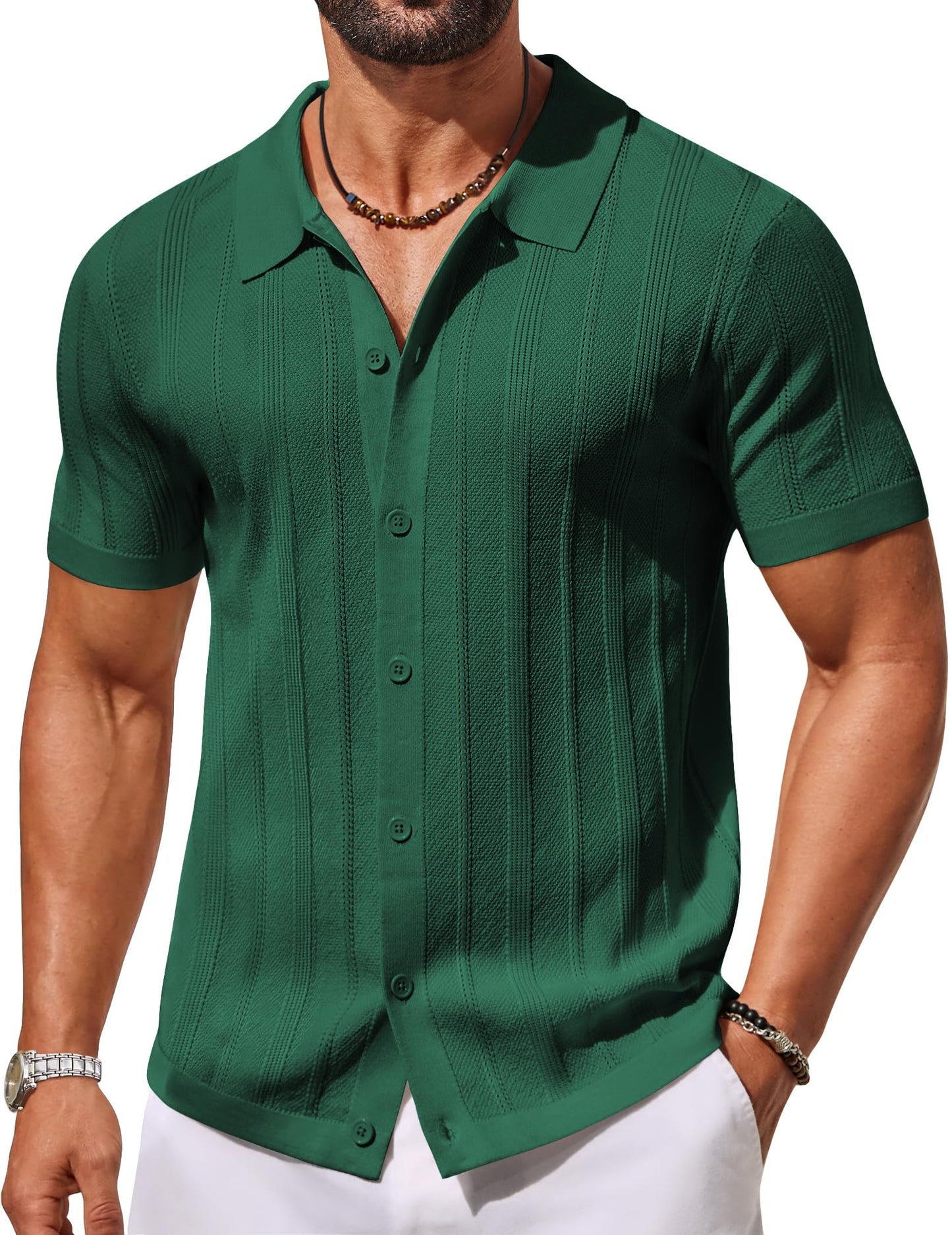 HOTCOOFANDY Men's Knit Button Down Shirts Short Sleeve Polo Shirt Casual Vacation Summer Beach Shirts