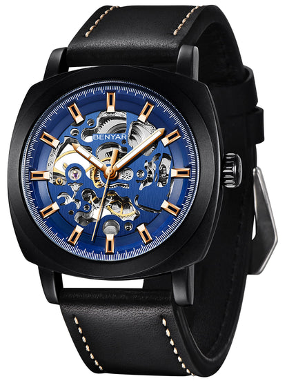 HOTBENYAR Men's Mechanical Automatic Watch | Leather Strap | Gold Movement | 45mm Skeleton Dial | Water Resistant and Scratch Resistant Stylish Gift