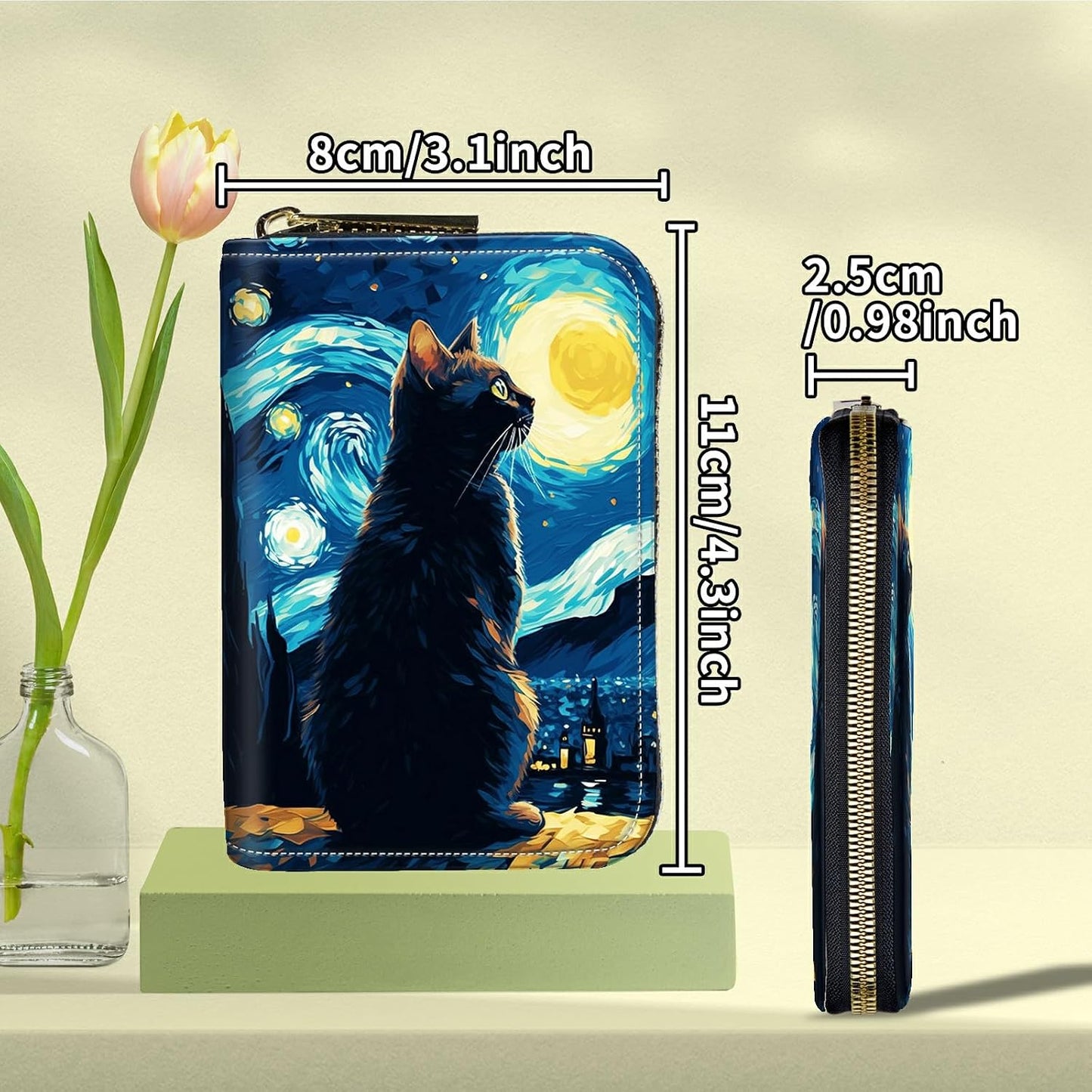 HOTCat On Starry Night Credit Card Holder for Women with Zipper Small Credit Card Wallet PU Leather RFID Blocking Wallet Card Organizer Wallets Accordion Wallets Gift for Women or Men