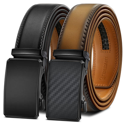 HOTKEMISANT Men's Ratchet Leather Belt 2Pack-Trimmable 1 3/8“-Gift Boxed | Smooth Sliding | Micro Adjustable Fit | Tailored Size | Holeless Understated Elegance