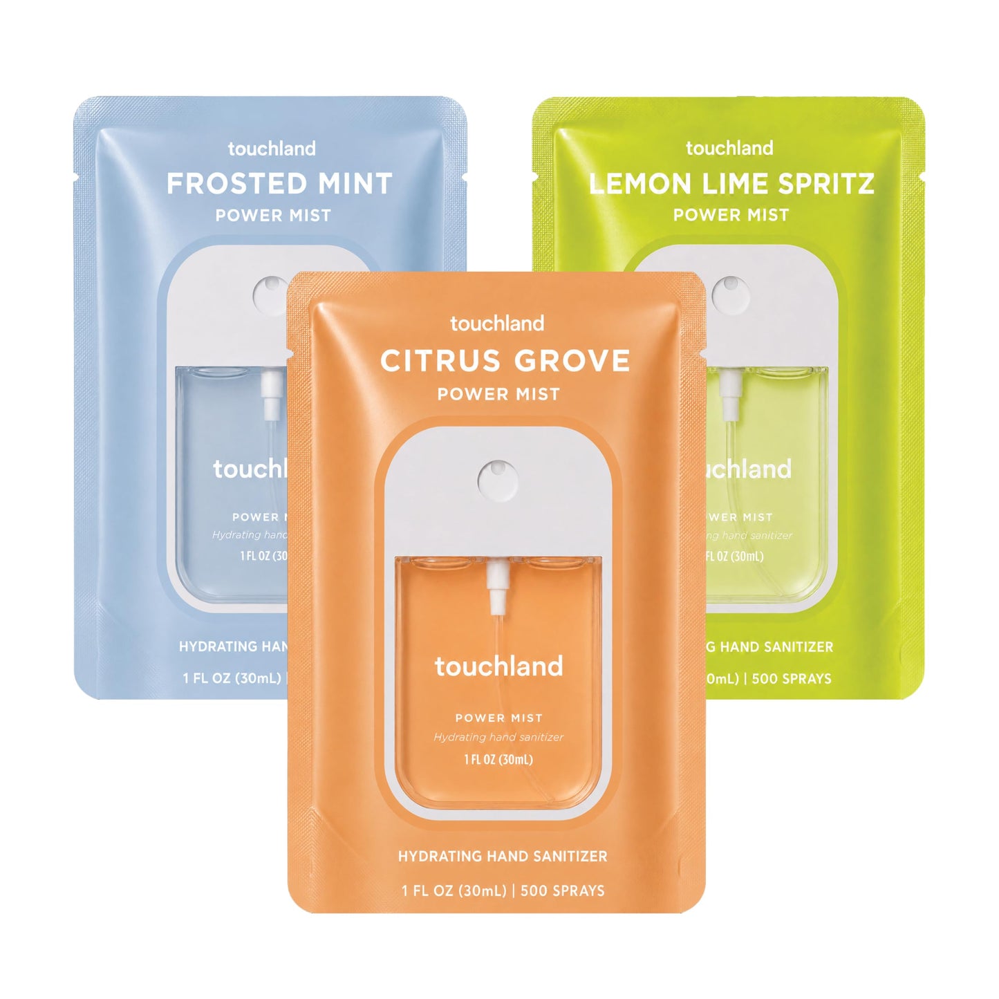 HOTTouchland Dye Free Trio Hydrating Hand Sanitizer Spray Set Travel Size | TSA ready Power Mist with skincare benefits. Rainwater, Beach Coco and Unscented.