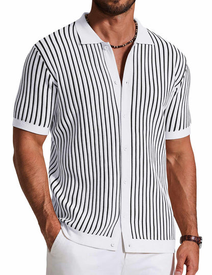 HOTCOOFANDY Mens Knit Button Down Shirts Short Sleeve Polo Shirt Vintage Striped Casual Shirts