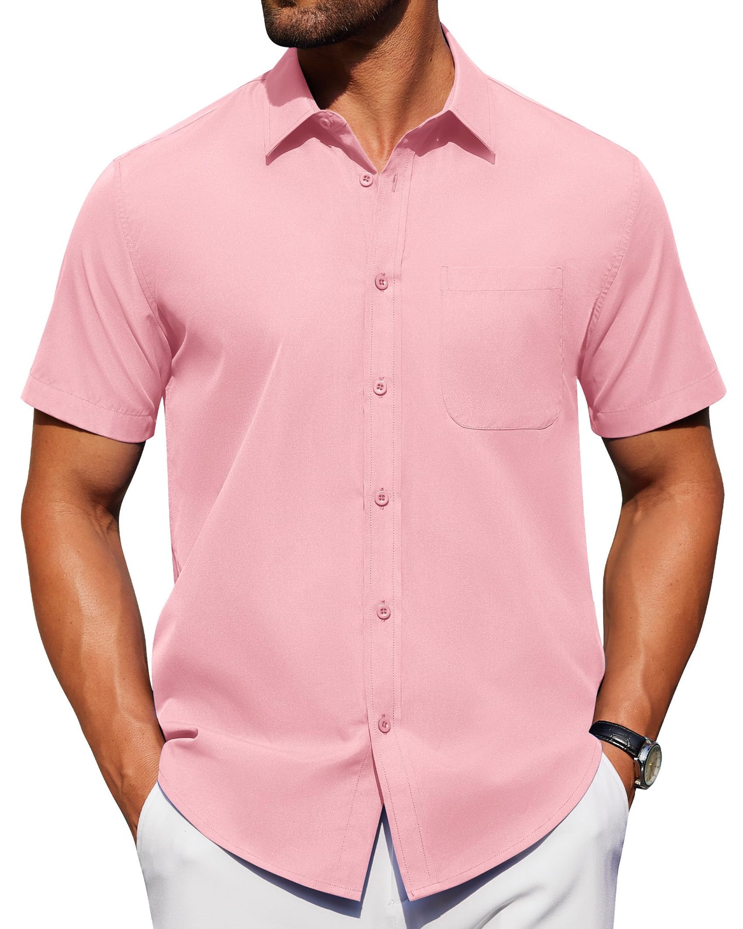 HOTAlimens & Gentle Men's Short Sleeve Dress Shirts Wrinkle Free Untucked Casual Button Down Shirt