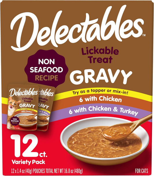 HOTDelectables Lickable Treat Gravy Wet Cat Treat Variety Pack, Food Topper, Hydrating, Grain-Free, No Fillers, By-Products, Added Preservatives, 1.4oz Pouch, 12ct