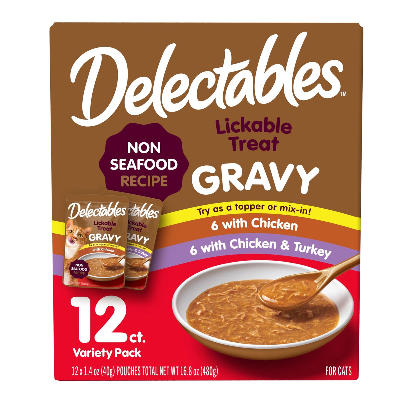 HOTDelectables Lickable Treat Gravy Wet Cat Treat Variety Pack, Food Topper, Hydrating, Grain-Free, No Fillers, By-Products, Added Preservatives, 1.4oz Pouch, 12ct