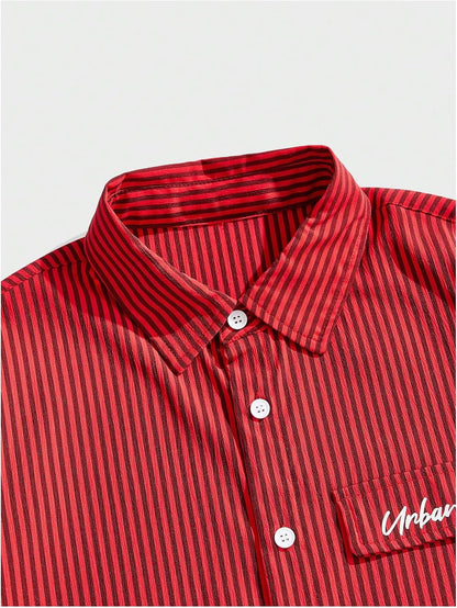 HOTGORGLITTER Men's Striped Button Down Up Cropped T Shirt Short Sleeve Letter Summer Vacation Shirts Boxy Tees Streetwear | Vintage Gingham Shirt, Drop Shoulder Crop Top, Y2K Streetwear, Summer Vacation Clothes