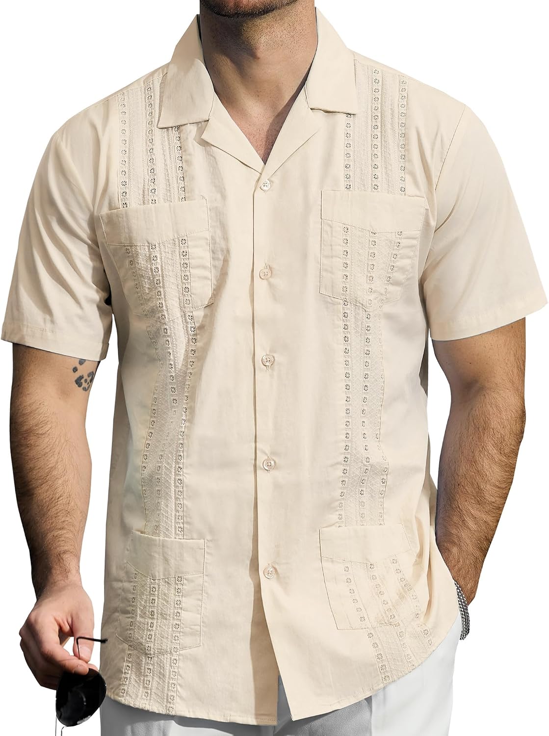 HOTJOGAL Mens Guayabera Shirts Cuban Short Sleeve Casual Button Down Beach Shirt