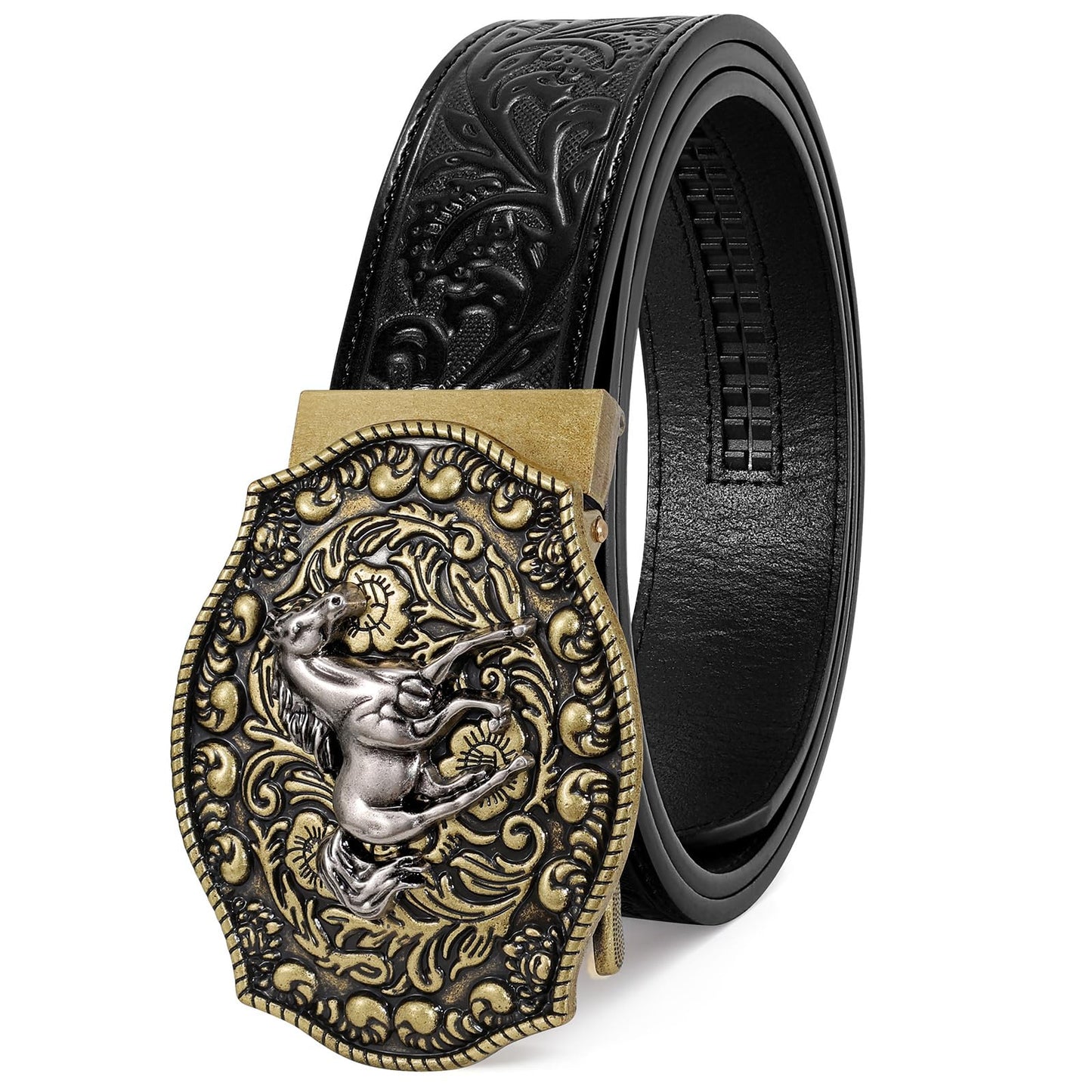 HOTSANSTHS Western Cowboy Ratchet Belts for Men Women Leather Cowboy Belt with Automatic Western Buckle for Jeans Gifts