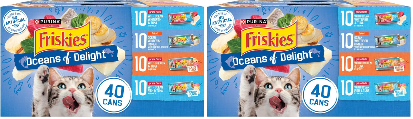 HOTPurina Friskies Wet Cat Food Variety Pack, Oceans of Delight Flaked and Prime Filets - (Pack of 40) 5.5 oz. Cans