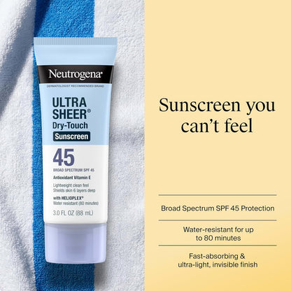 HOTNeutrogena Ultra Sheer Dry Touch Sunscreen Lotion SPF 45 Broad Spectrum UVA UVB Protection Lightweight Water Resistant up to 80 Minutes Oil PABA Oxybenzone Free, 2-pack of 3 fl oz