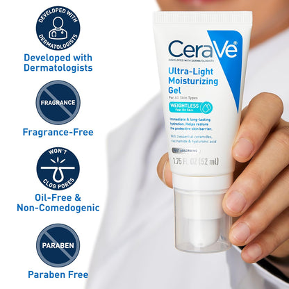 HOTCeraVe Ultra-Light Moisturizing Gel, Hydrating Gel Face Moisturizer For Men & For Women with Ceramides, Niacinamide, Hyaluronic Acid, Fragrance Free, Oil-Free, Mattifying Moisturizer, 1.75 FL Oz