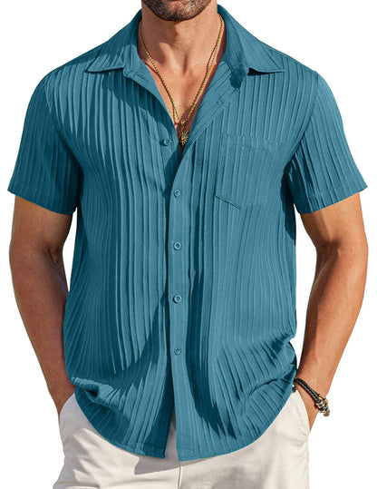 HOTCOOFANDY Men's Casual Button Down Shirts Short Sleeve Textured Summer Beach Shirt with Pocket