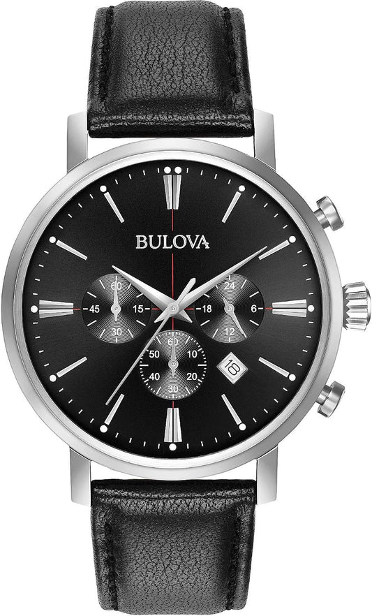 HOTBulova Men's Classic Aerojet Stainless Steel 6-Hand Chronograph Watch with Black Leather Strap, 41mm Style: 96B262