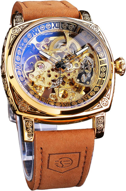 HOTFORSINING Watches for Man, Square Retro Mechanical Watch Self-Wind Carved, Skeleton Automatic Watches Vintage Leather Strap Wristwatch
