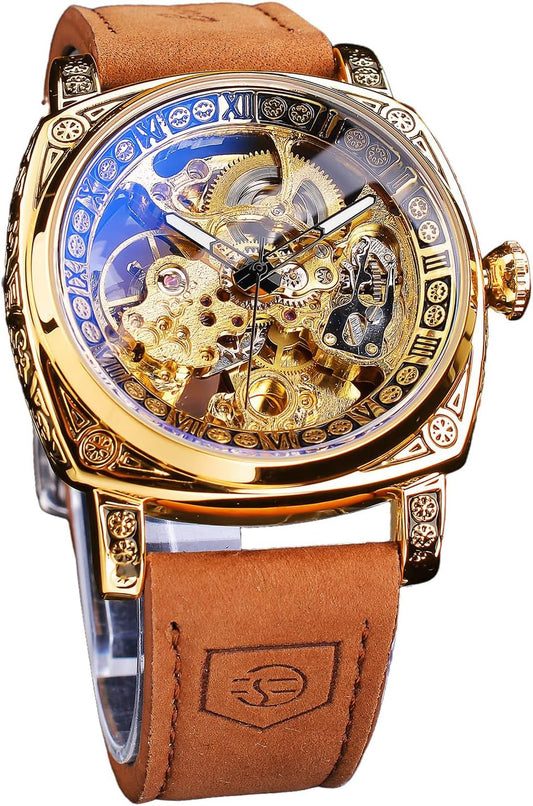 HOTFORSINING Watches for Man, Square Retro Mechanical Watch Self-Wind Carved, Skeleton Automatic Watches Vintage Leather Strap Wristwatch