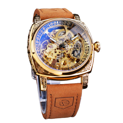 HOTFORSINING Watches for Man, Square Retro Mechanical Watch Self-Wind Carved, Skeleton Automatic Watches Vintage Leather Strap Wristwatch