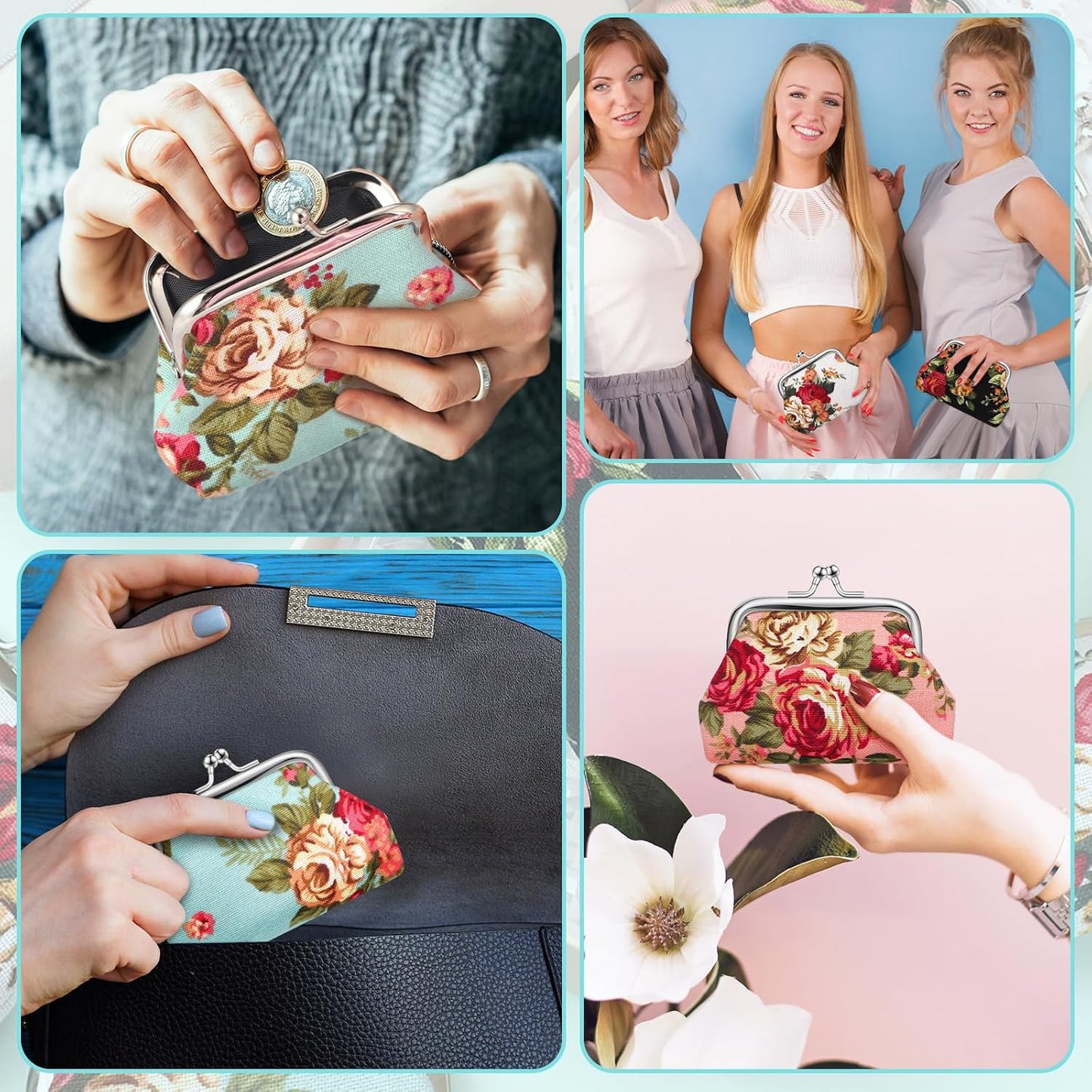HOT48 Pcs Vintage Canvas Floral Kiss Lock Coin Purses Bulk Rose Flower Change Wallets Gifts for Mother Day Women(4 x 3 Inch)
