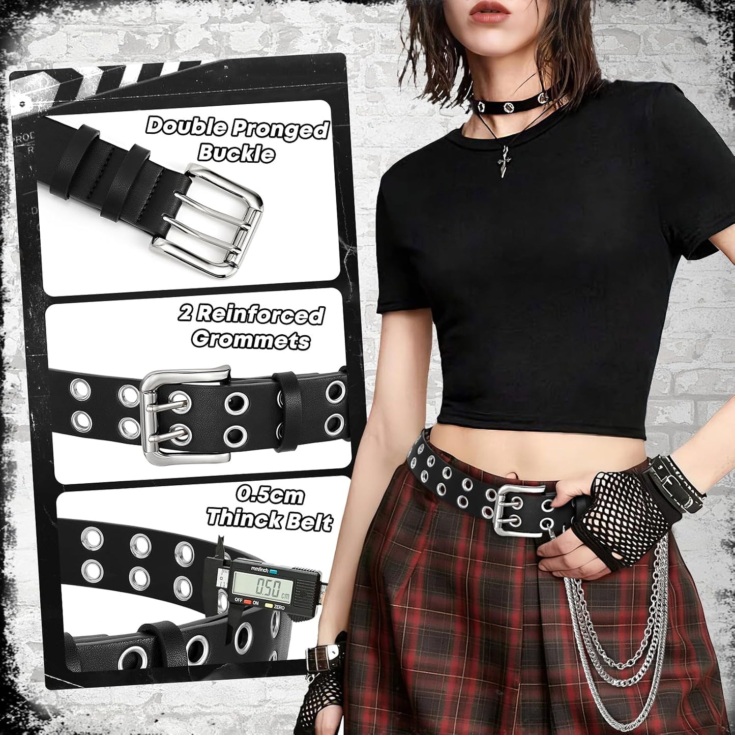 HOTBELTROAD Double Grommet Studded Belt with Detachable Chain Goth Belt for Men Women Punk Rock Metal for Jeans Pants
