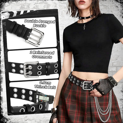 HOTBELTROAD Double Grommet Studded Belt with Detachable Chain Goth Belt for Men Women Punk Rock Metal for Jeans Pants
