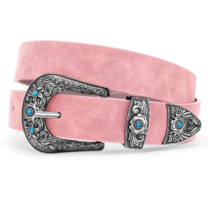 HOTXZQTIVE Western Belt for Women, Cowgirl Cowboy Suede Leather Belt for Jeans Pants, Country Belts with Vintage Buckle