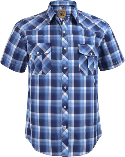 HOTCOEVALS CLUB Men's Western Cowboy Short Sleeve Pearl Snap Casual Plaid Work Shirts