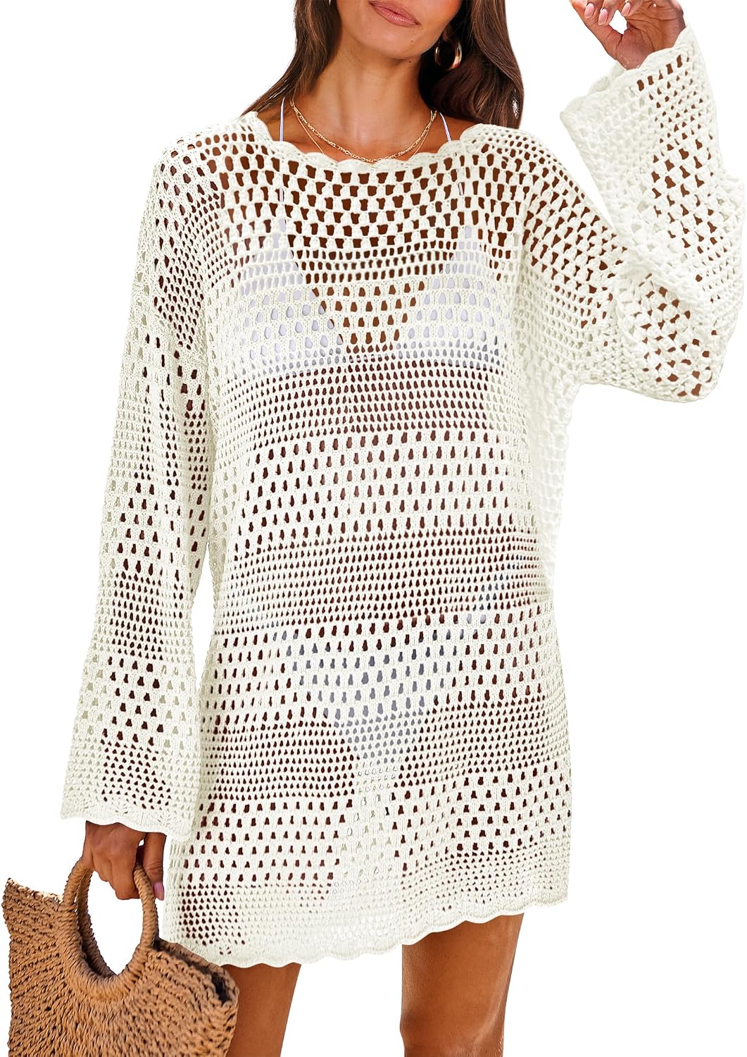 HOTANRABESS Women Swimsuit Crochet Swim Cover Up 2026 Summer Bathing Suit Swimwear Mesh Knit Beach Dress Vacation Outfits