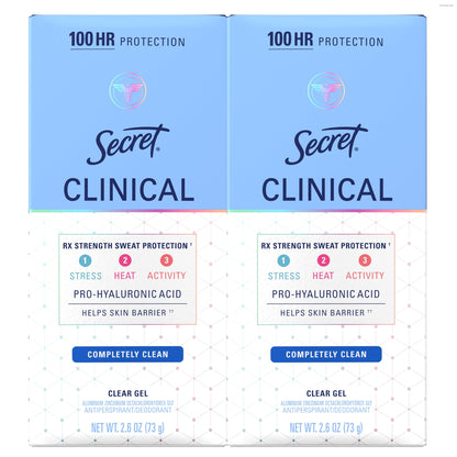 HOTSecret Clinical Strength 100HR Sweat & Odor, Clear Gel Antiperspirant Deodorant for Women, 3X Stress Protection with Hyaluronic Acid, PH Balancing Minerals, Completely Clean Scent, 2.6 oz