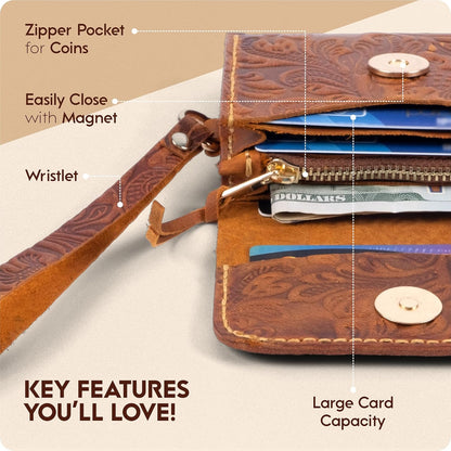 HOTToros Craft Handmade Leather Wallets for Women, Western Wristlet Wallets, Floral Leather Small Credit Card Holder with Zipper, Minimalist & Cute Coin Pouch, Genuine Leather, Camel