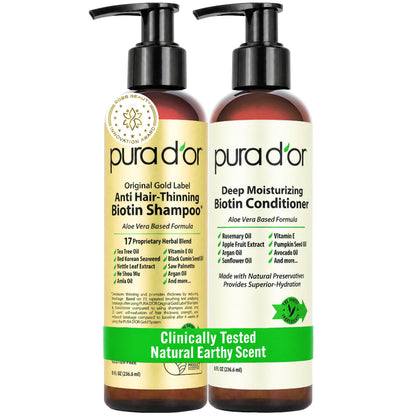 HOTPURA D'OR Anti-Thinning Biotin Shampoo & Hair Regrowth Conditioner, CLINICALLY TESTED Effective Results, Thickening Herbal Blend For Women & Men, Original Gold Label Set, Natural Earthy Scent, 16oz x2