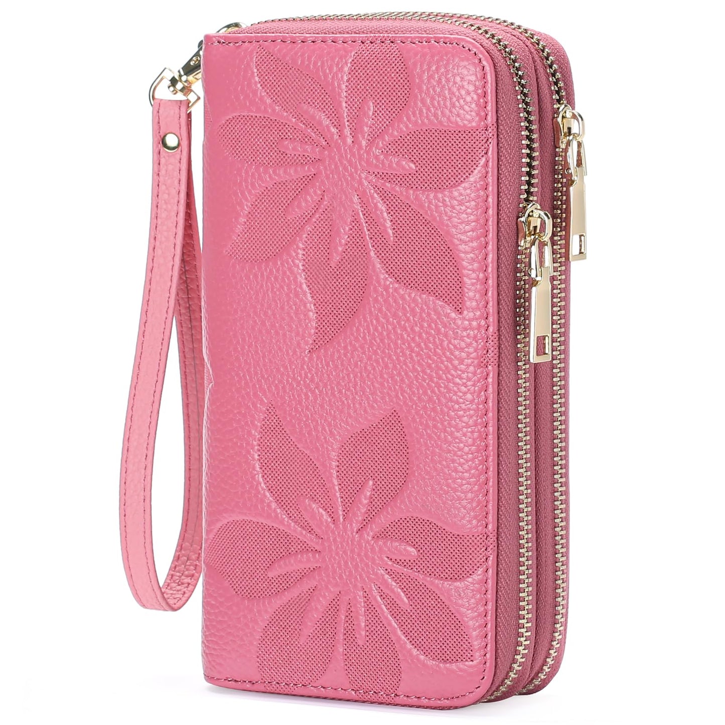 HOTGOIACII Women's Wallet Large Capacity Double Zip Ladies Card Phone Holder RFID Blocking Wristlet Leather