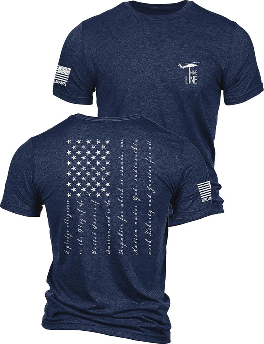 HOTNine Line Pledge of Allegiance Shirt, Patriotic T-Shirts for Men | American Flag Military T Shirt, Freedom USA Veteran Apparel