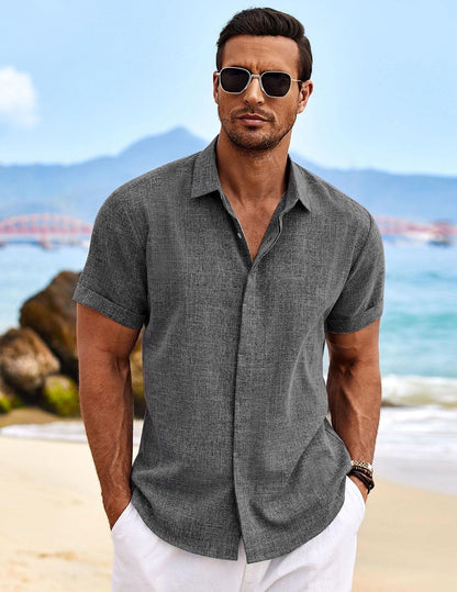 HOTCOOFANDY Men's Linen Shirts Short Sleeve Casual Shirts Button Down Shirt for Men Beach Summer Wedding Shirt