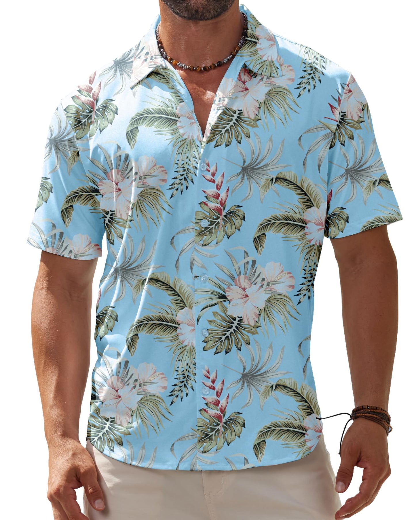 HOTBOJIN Men's Hawaiian Wrinkle Free Short Sleeve Button Down Tropical Floral Beach Vacation Shirt