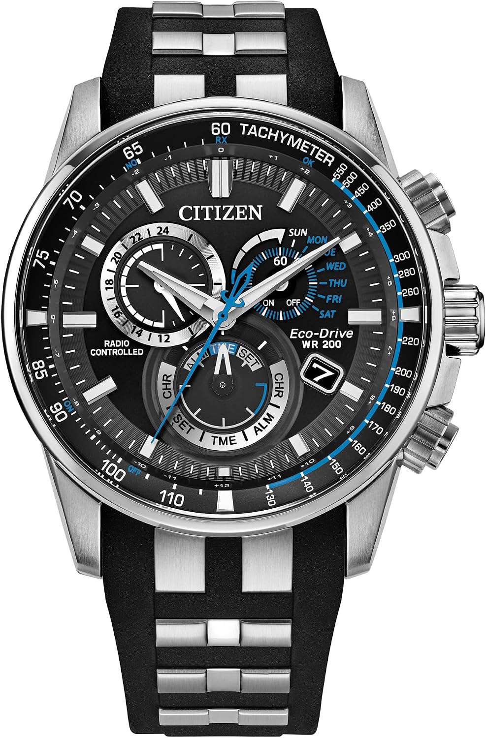 HOTCitizen Men's Eco-Drive Sport Luxury PCAT Watch, Stainless Steel & Polyurethane Strap, Chronograph, Atomic Timekeeping