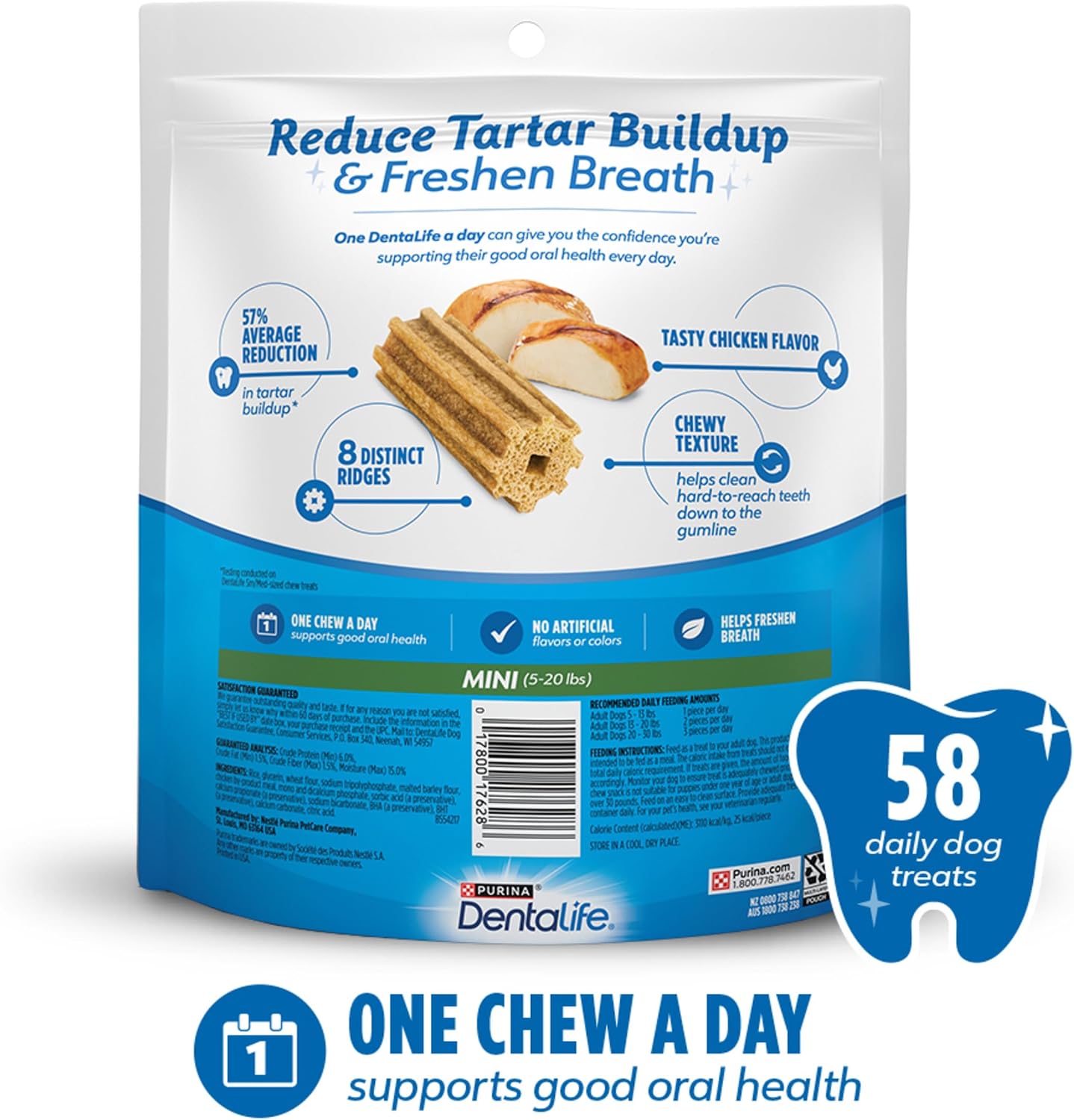 HOTDentaLife Daily Oral Care Dog Treats for Small Dogs 5-20 lbs., Chewy Dental Treat to Freshen Breath and Fight Tartar, Chicken Flavor, 17.1 oz., 58 Chews - 58 ct. Pouch
