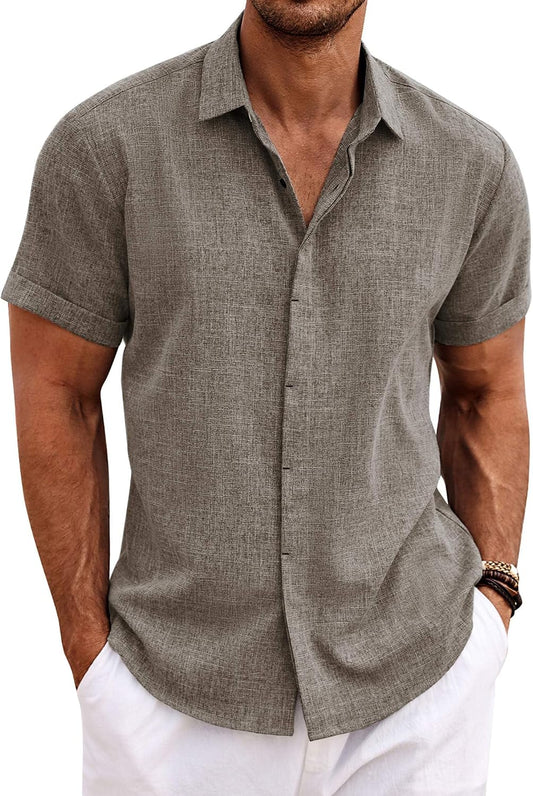HOTCOOFANDY Men's Linen Shirts Short Sleeve Casual Shirts Button Down Shirt for Men Beach Summer Wedding Shirt