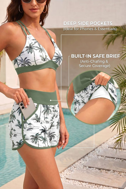 HOTWomen's 3 Piece Tankini Swimsuit Tummy Control with Bra Pocket Boy Shorts | Modest Bathing Suit, Athletic Style, Strappy-Back Support, High-Waist Fit, Built-In Brief, Side Pockets, Beach Swim Days