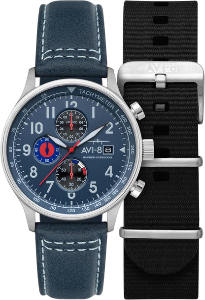 HOTAVI-8 Hawker Hurricane Men's Pilot Watch – Classic Chronograph, Japanese Quartz Movement, Stainless Steel Case, Leather Strap, AV-4011