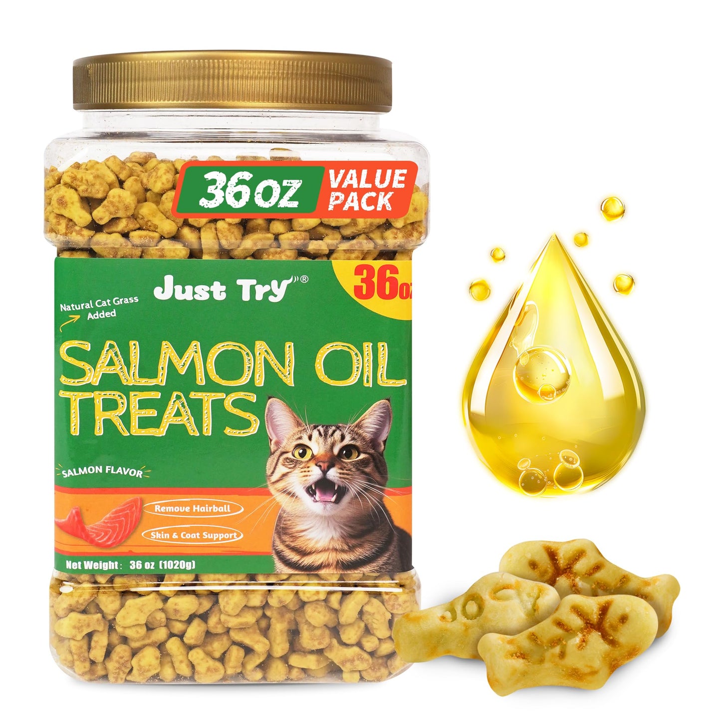 HOTJust Try Cat Treats for Indoor Cats Hairball Control Natural Salmon Healthy Cat Grass Treats Kitten Snacks Training Biscuits Catnip for Cats Dental Care 13.4 OZ