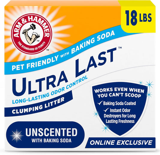 HOTARM & Hammer Ultra Last Clumping Cat Litter, Unscented, MultiCat, 18 Lbs | Clumping Formula, 99% Dust Free, Pet Friendly, Baking Soda Odor Control