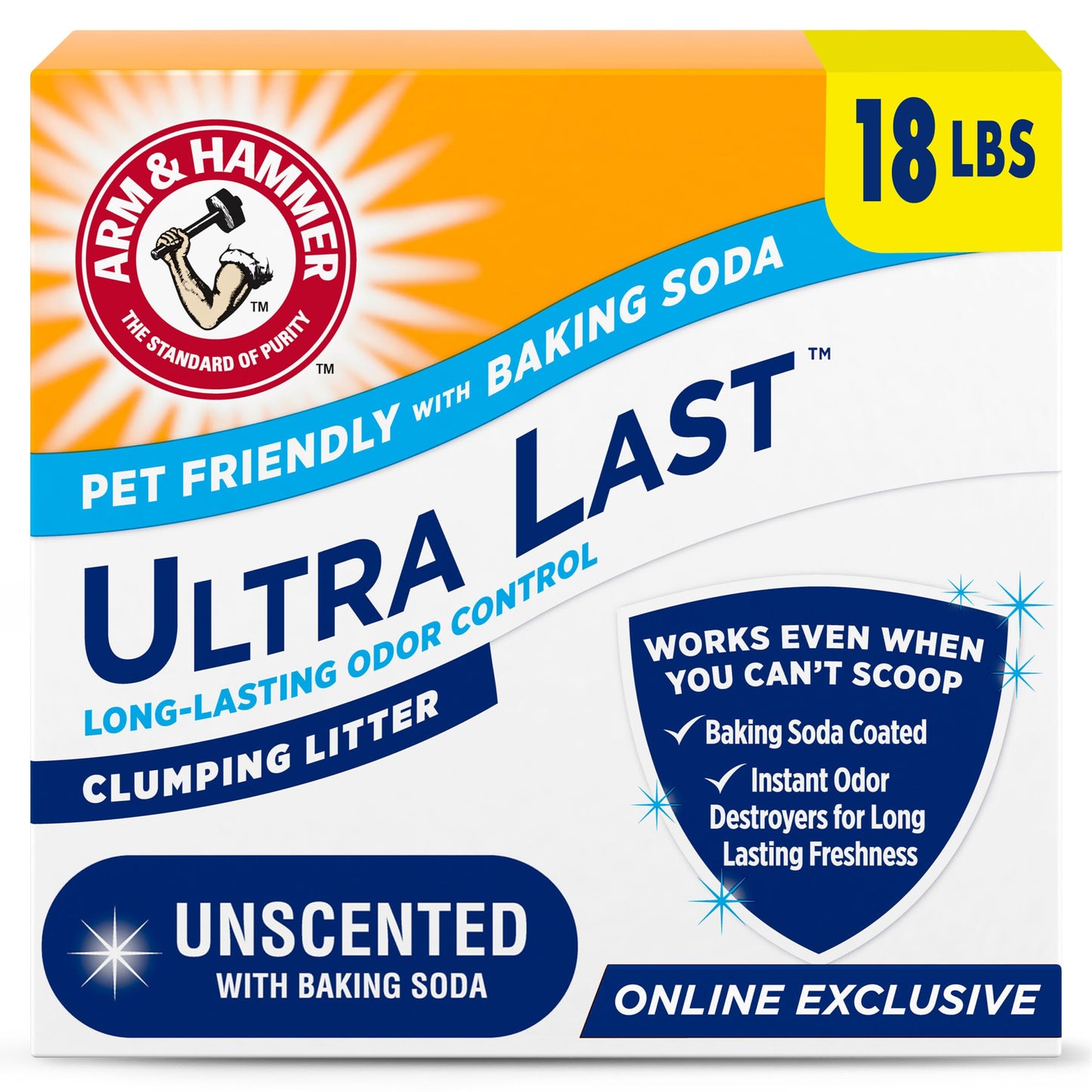 HOTARM & Hammer Ultra Last Clumping Cat Litter, Unscented, MultiCat, 18 Lbs | Clumping Formula, 99% Dust Free, Pet Friendly, Baking Soda Odor Control