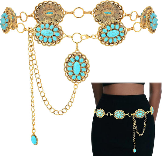 HOTWestern Turquoise Belt for Women Boho Cowgirl Concho Metal Belt for Country Concert Outfit Vintage Jewelry