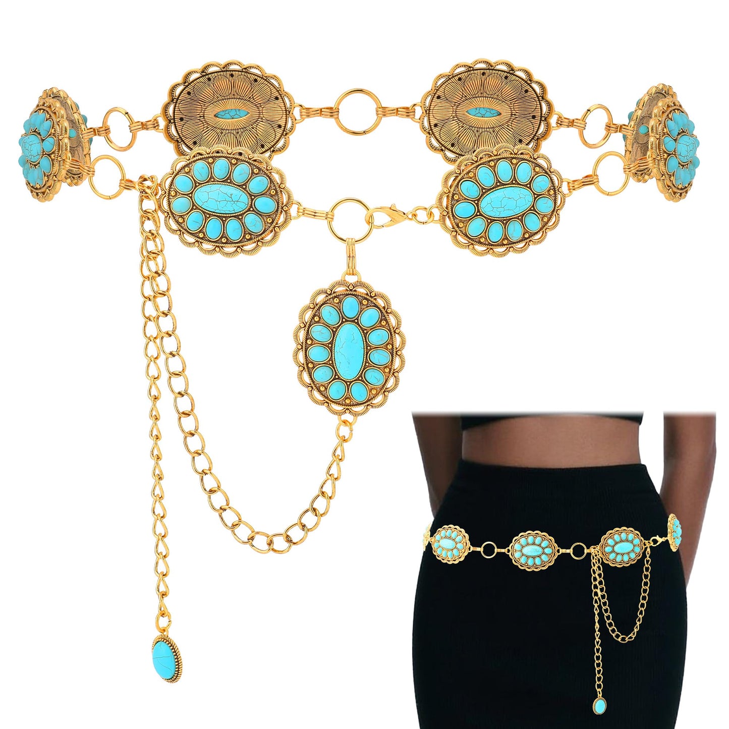 HOTWestern Turquoise Belt for Women Boho Cowgirl Concho Metal Belt for Country Concert Outfit Vintage Jewelry